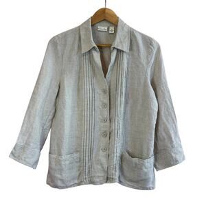Kim Rogers Linen Shirt Petite L Oatmeal Pintuck Button Front Pockets Casual